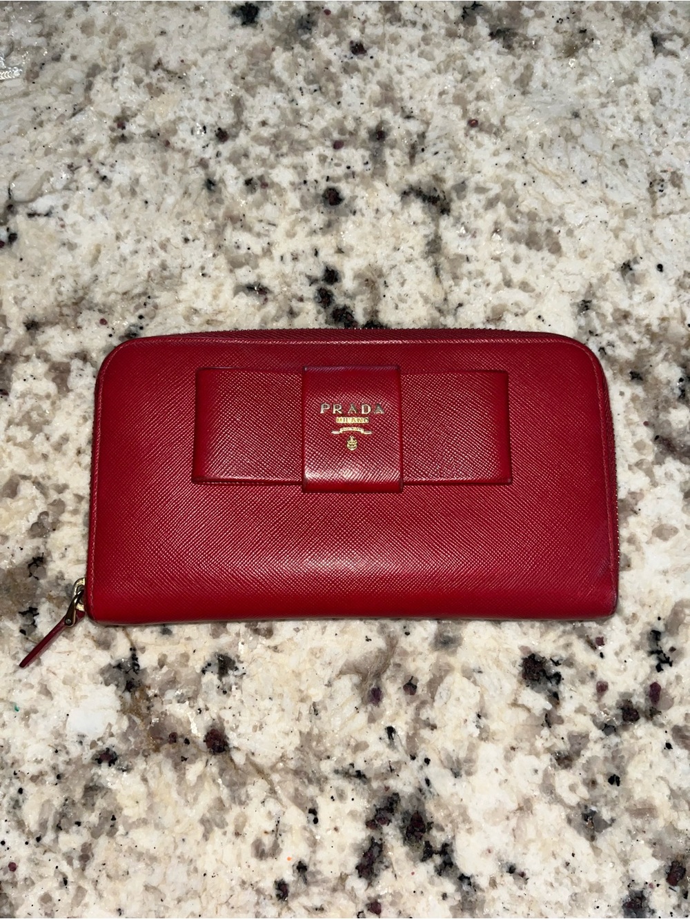Prada Red Saffiano Leather Zip Wallet with Bow Accent